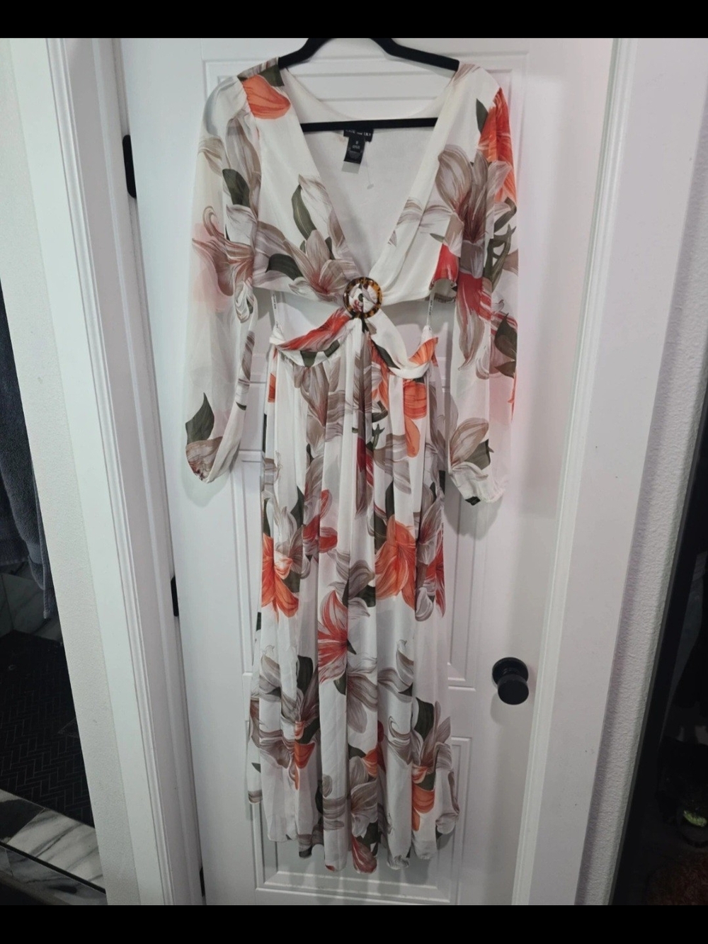 Kate and Lily Balloon Sleeve Ring Detail Cutout Maxi Dress Medium Tropical